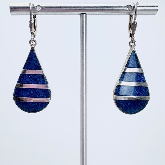 VTG Sterling Silver 925 Lapis Lazuli Teardrop Dangle Earrings Size 1.75" Length - Picture 1 of 9